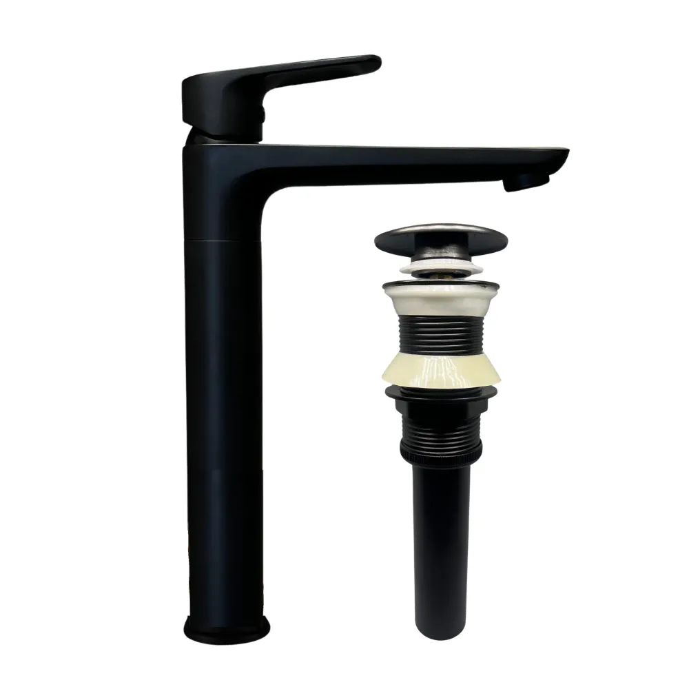 Combo de grifo monomando alto para lavamanos Ónix en latón negro + Desagüe push