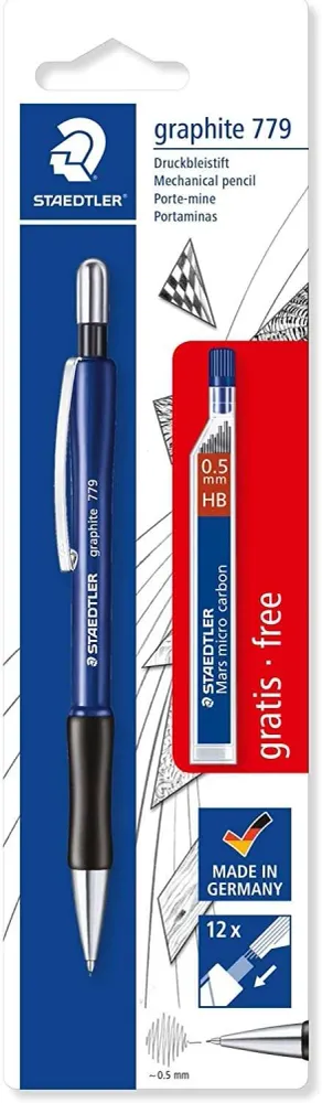 Staedtler Pack de 1 Portaminas 779 de 0.5mm + 1 Tubo de 12 Minas - Zona de Agarre Ergonomica - Resis
