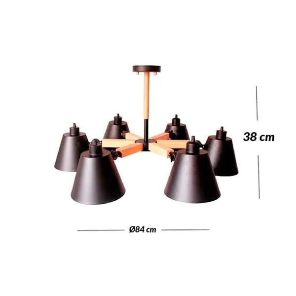 Lámpara de techo Spider 6 brazos E27 40W negro/natural Ø84x38 cm con Certificación CE | Envío Rápido