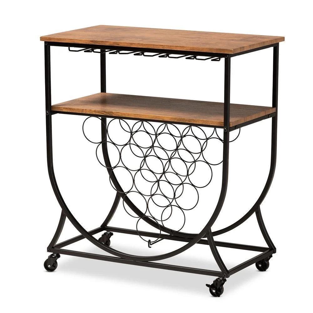 Carrito de bar de vinos móvil Dania Antique Vintage Industrial de metálico negro y madera con acabado en nogal | Capacidad...