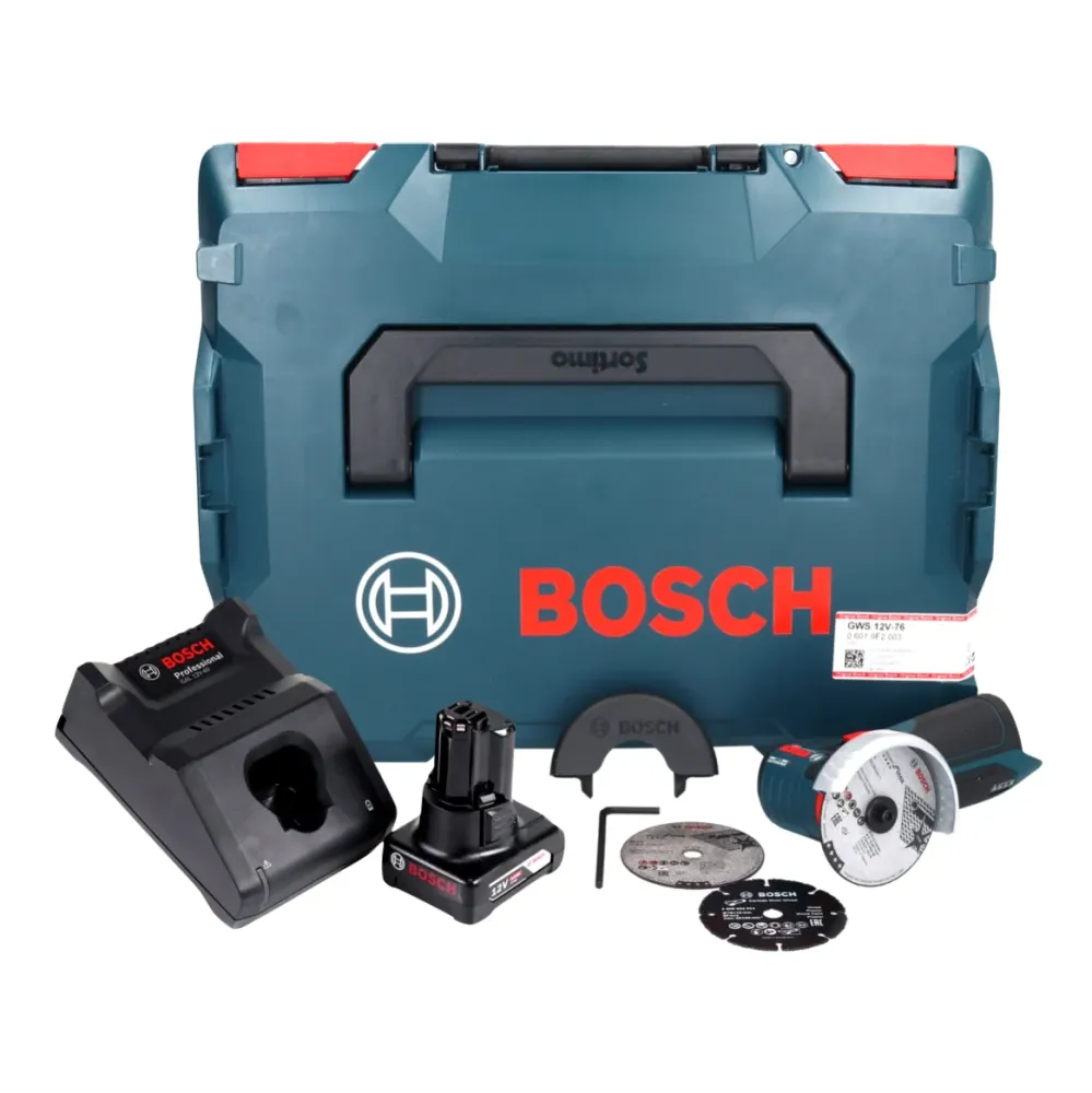 Amoladora angular baterí Bosch GWS 12V-76 Professional 12 V 76 mm sin escobillas + 1x baterí 6.0 Ah + cargador + L-Boxx Bo...