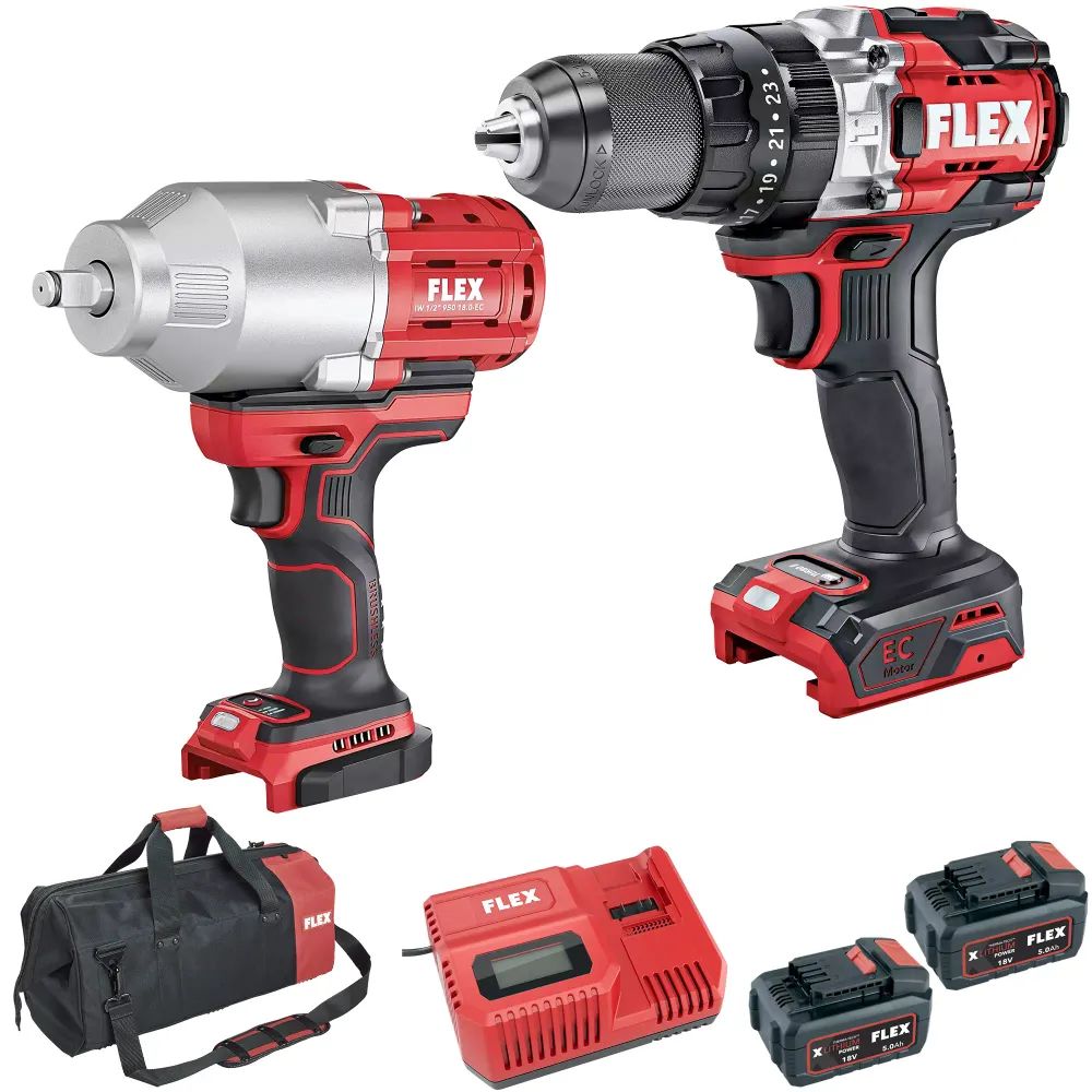 Kit combinado Flex Baterí de 2 G de alta potencia C + IW de 1/2" 750 + Baterí de 2 G de baja potencia C de 18 V y 5 Ah