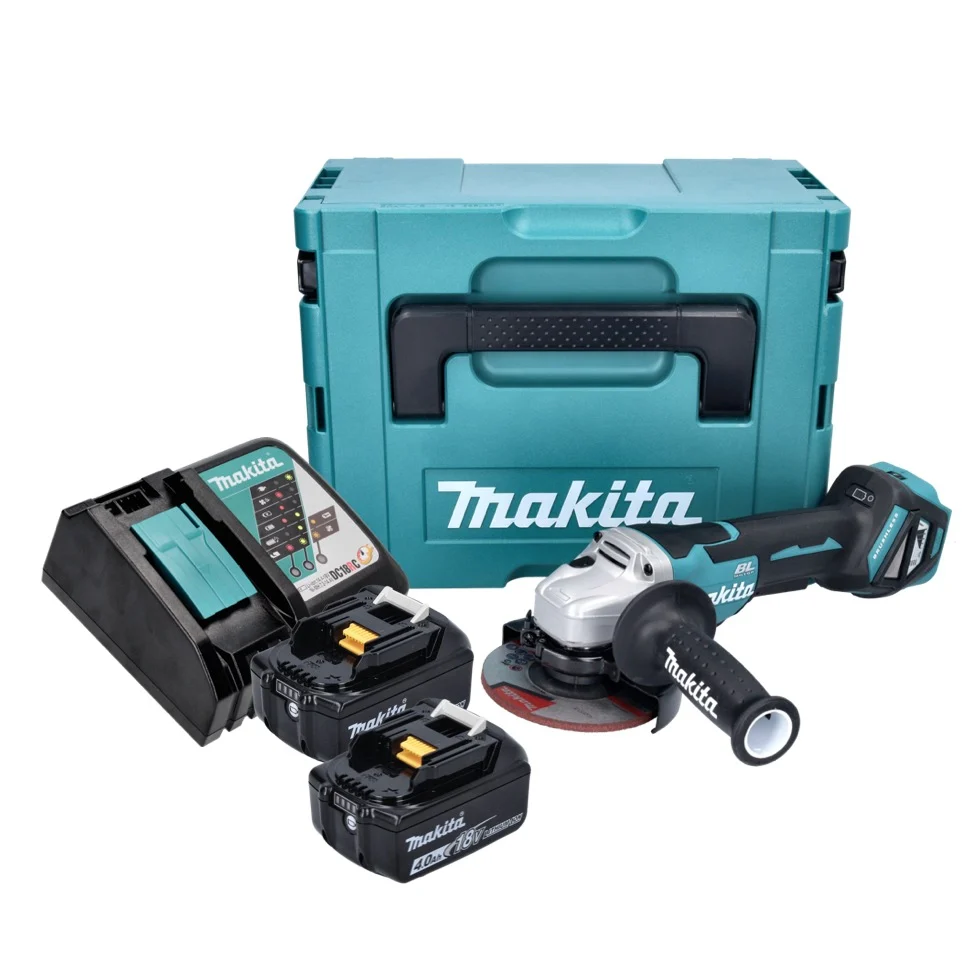 Amoladora angular baterí Makita DGA 515 RMJ 18 V 125 mm sin escobillas + 2x baterías 4,0 Ah + cargador + Makpac