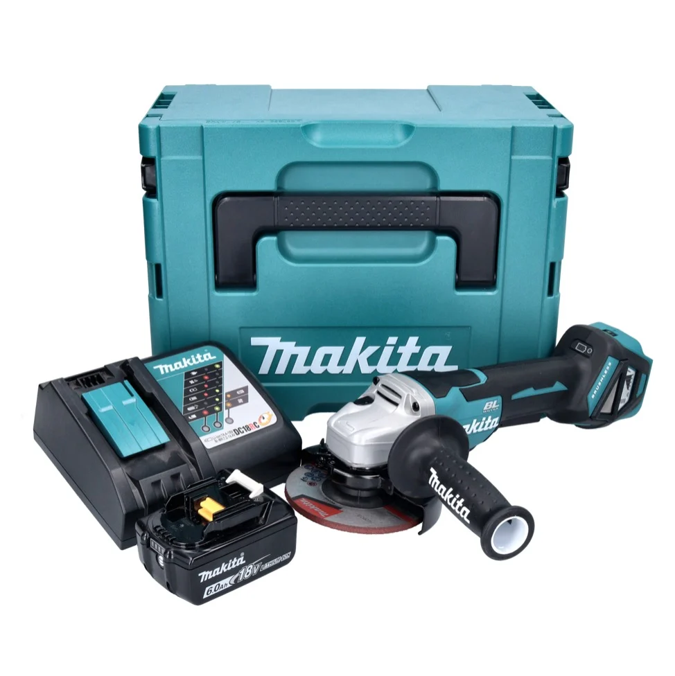 Amoladora angular baterí Makita DGA 515 RG1J 18 V 125 mm sin escobillas + 1x baterí 6,0 Ah + cargador + Makpac