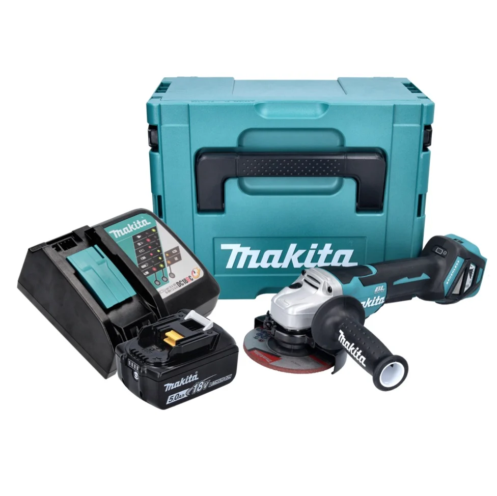 Amoladora angular baterí Makita DGA 515 RT1J 18 V 125 mm sin escobillas + 1x baterí 5,0 Ah + cargador + Makpac