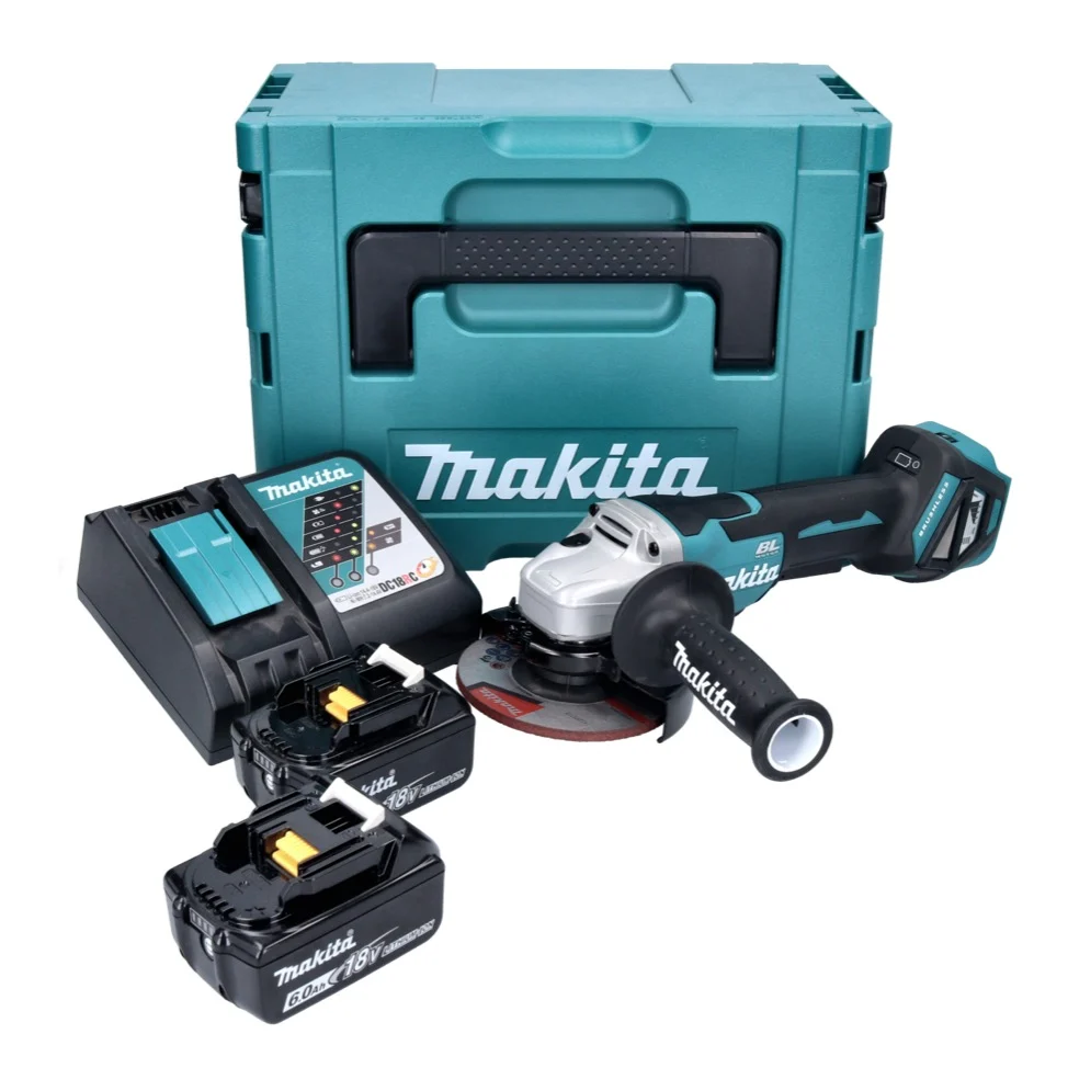 Amoladora angular baterí Makita DGA 515 RGJ 18 V 125 mm sin escobillas + 2x baterías 6,0 Ah + cargador + Makpac