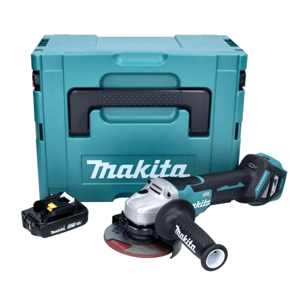 Amoladora angular baterí Makita DGA 515 A1J 18 V 125 mm sin escobillas + 1x baterí 2,0 Ah + Makpac - sin cargador