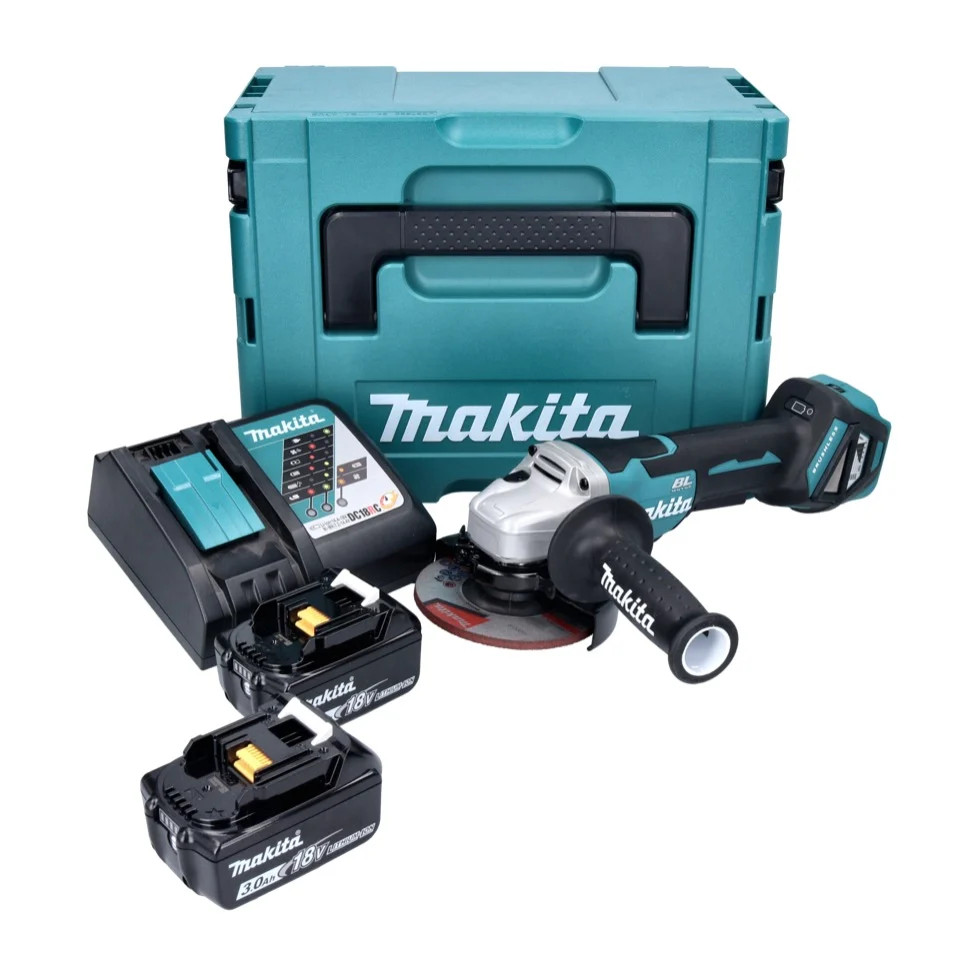 Amoladora angular baterí Makita DGA 515 RFJ 18 V 125 mm sin escobillas + 2x baterías 3,0 Ah + cargador + Makpac