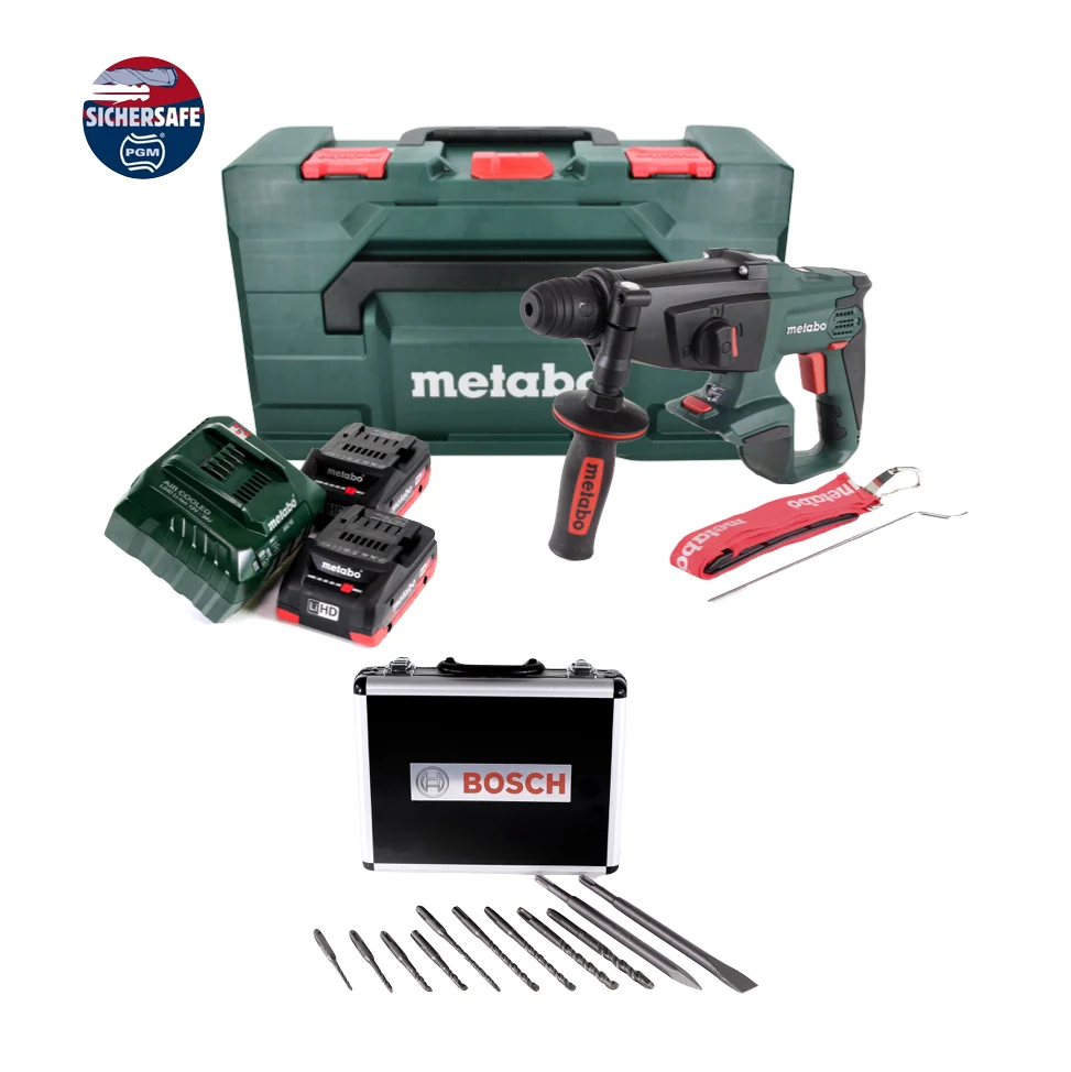 Martillo combinado baterí Metabo KHA 18 LTX 18 V 2,2 J SDS Plus + 2x baterías 4,0 Ah + cargador + juego de taladro y cince...
