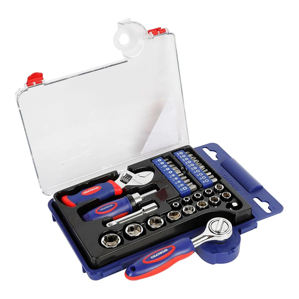 VASOS CON CARRACA, MANGO Y LLAVE AJUSTABLE, MÉTRICA, 38 PIEZAS WORKPRO
