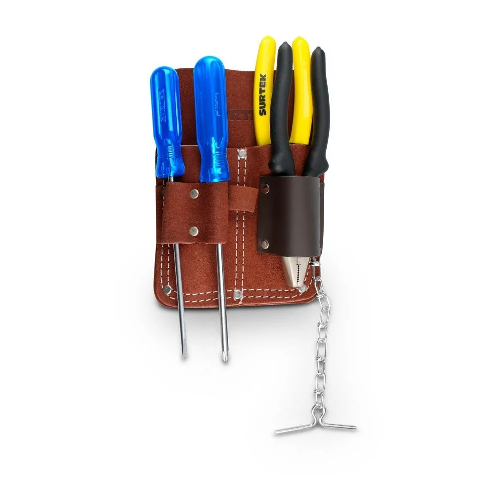 Juego de herramientas para electricista con portaherramientas de cuero 5pz surtek. con Garantí del Fabricante