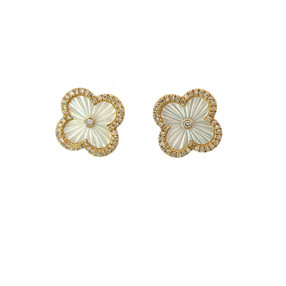 D0.20CT 14KY CLOVER TEXTURE CENTER DIAMOND EARRINGS MOP1.50CT