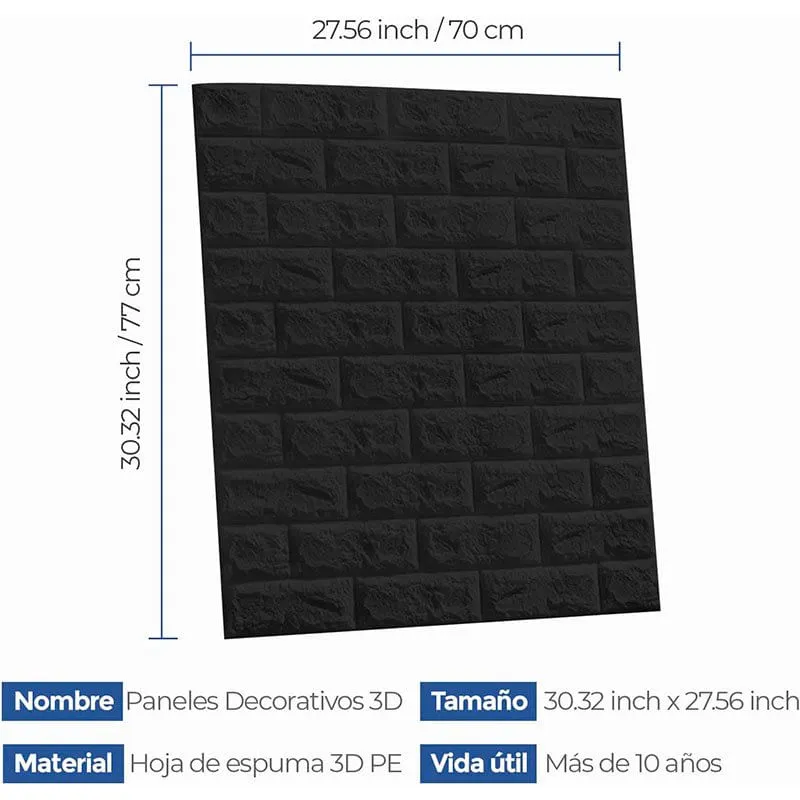 Papel para Dormitorio Pack de 10 paneles efecto ladrillo Edihome 3D negro 70x77 cm