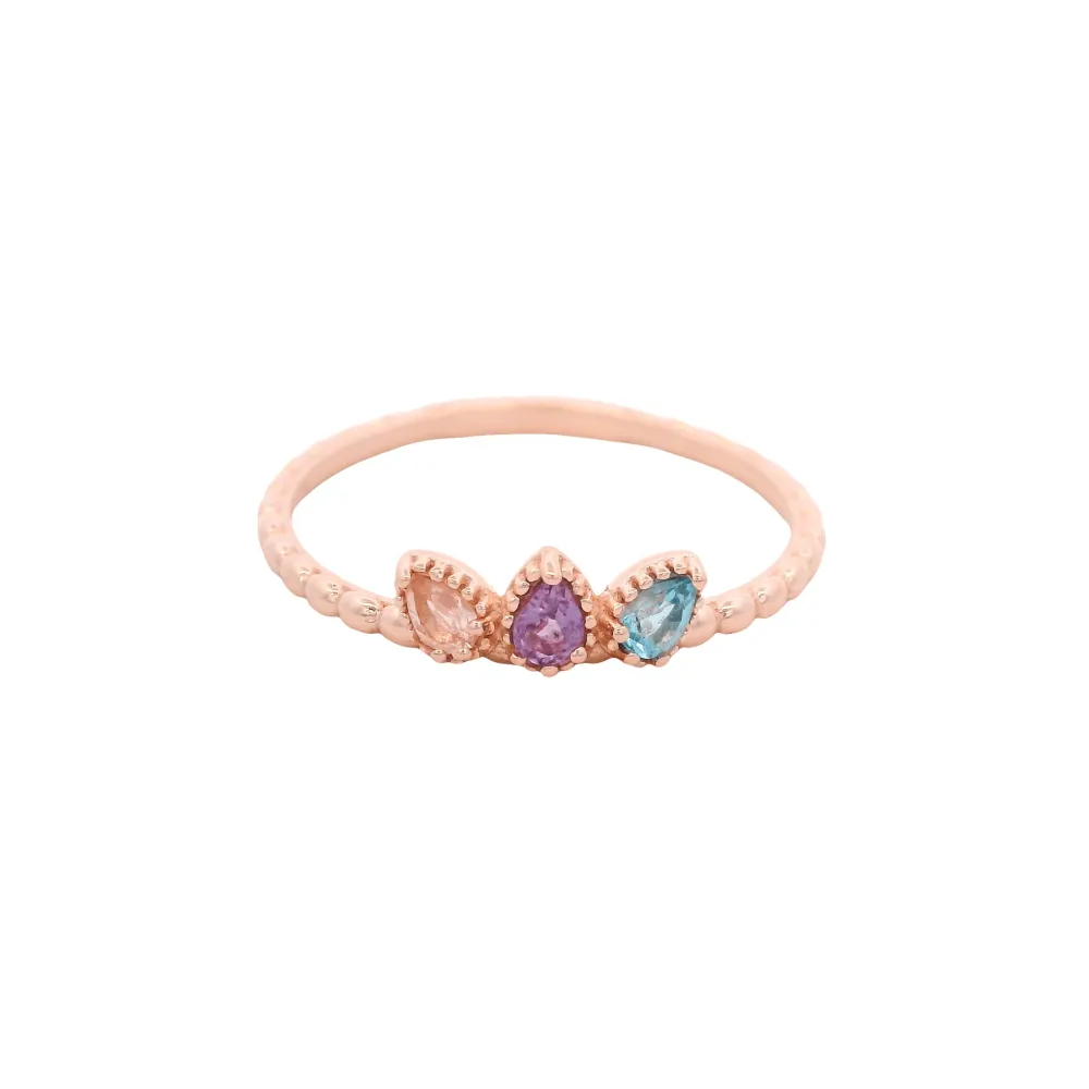 925RG 3 DROP AMETHYST TOPAZ ÑIL ROSE QUARTZ RING T6.5
